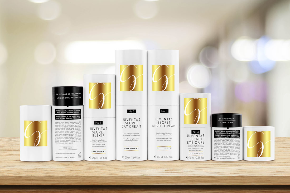 Collection de soins Goldheit – luxueuse ligne anti-âge avec élixir, crème de jour, crème de nuit et soin contour des yeux.