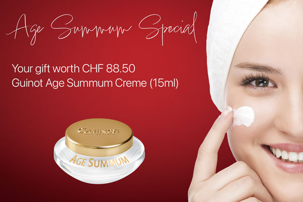 Guinot Age Summum Special promotion showing a smiling woman applying cream and a Guinot Age Summum 15ml jar, with text offering a free gift worth CHF 88.50.