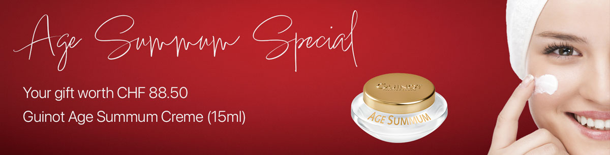Guinot Age Summum Special promotion showing a smiling woman applying cream and a Guinot Age Summum 15ml jar, with text offering a free gift worth CHF 88.50.